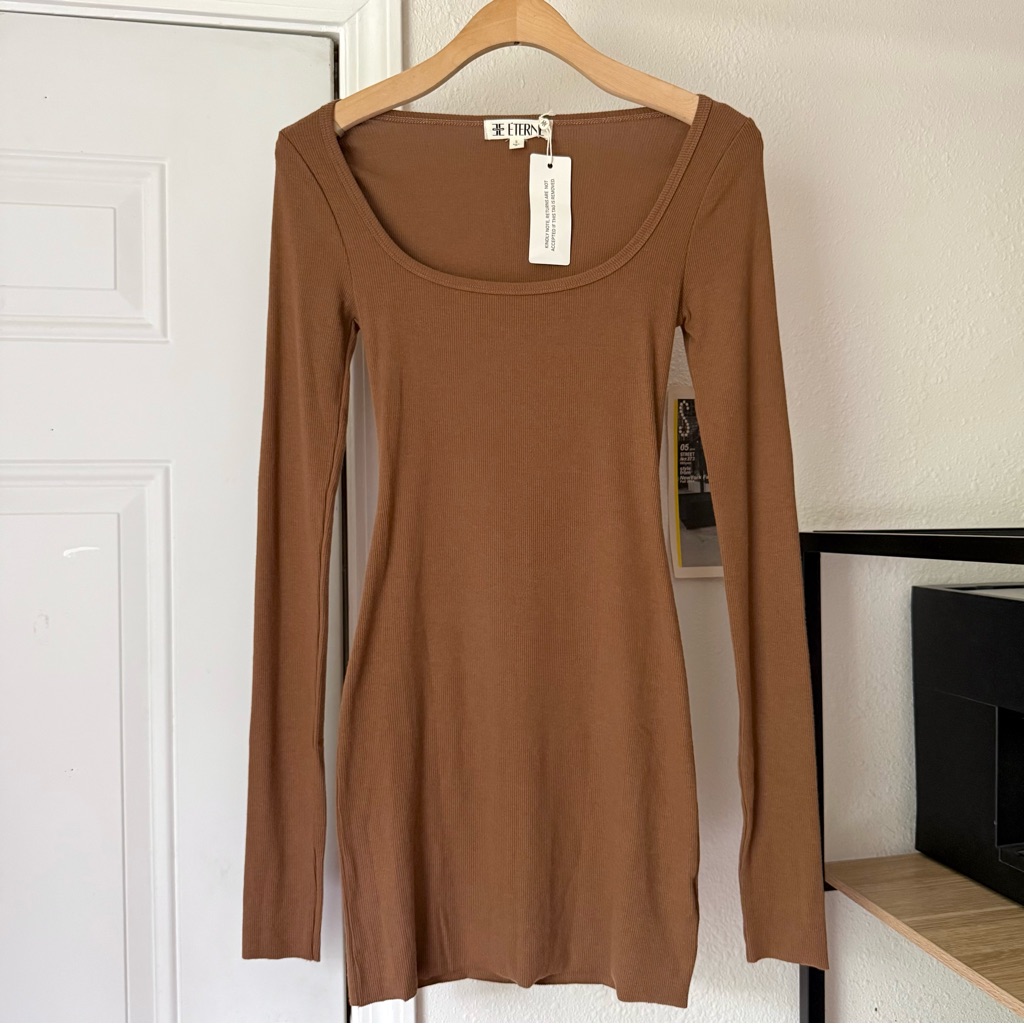 Nwt Eterne Brown Cotton Modal Rib Ribbed Square Scoop Bodycon Mini Dress
